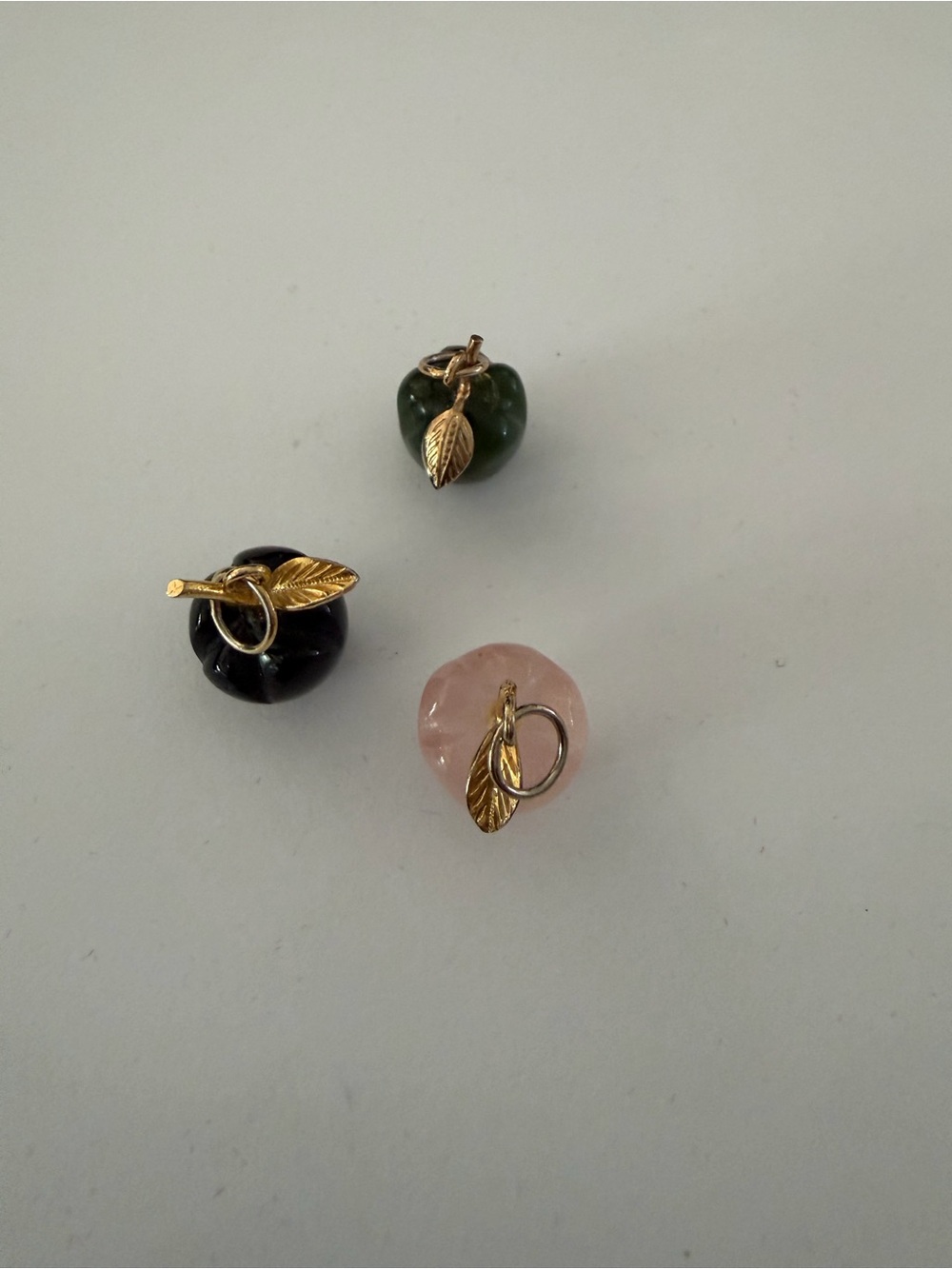 Gold Leaf Apple Charm Pendant - Green, Black, and Pink Natural Stone
